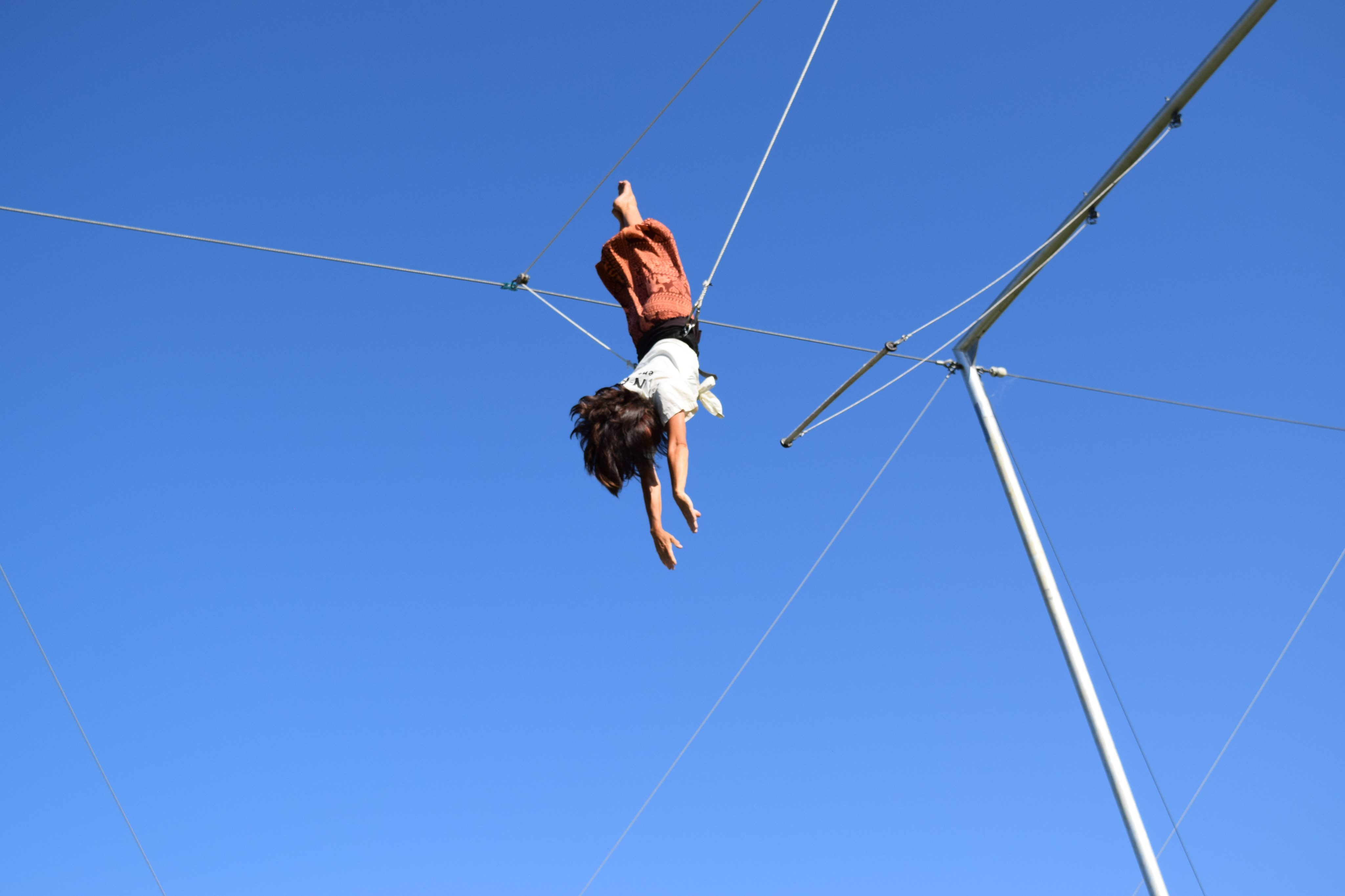 Flying trapeze layout against blue sky