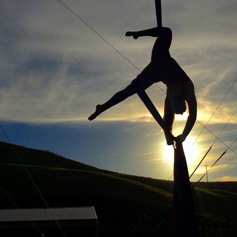 Aerialist silhouetted against the sunset on aerial silks at Hawkes Bay Flying Trapeze
